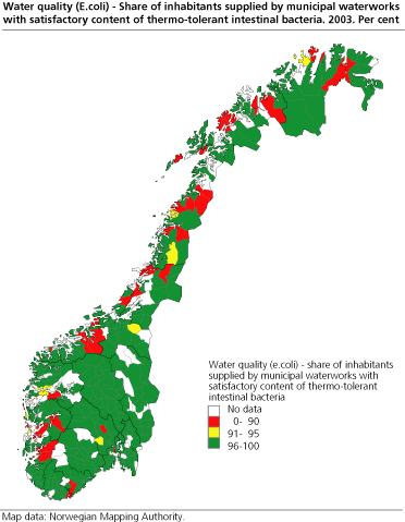 Water quality (E.coli) - Share of inhabitants supplied by municipal waterworks with satisfactory content of thermo-tolerant intestinal bacteria. Per cent. 2003