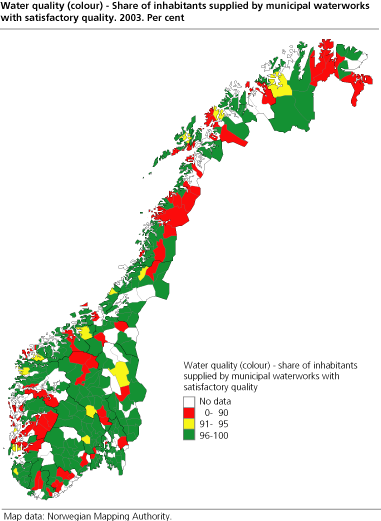 Water quality (Colour) - Share of inhabitants supplied by municipal waterworks with satisfactory quality. Per cent. 2003