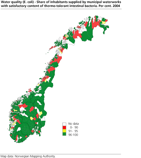 Water quality (E. coli) - Share of inhabitants supplied by municipal waterworks with satisfactory content of thermo-tolerant intestinal bacteria. Per cent. 2004