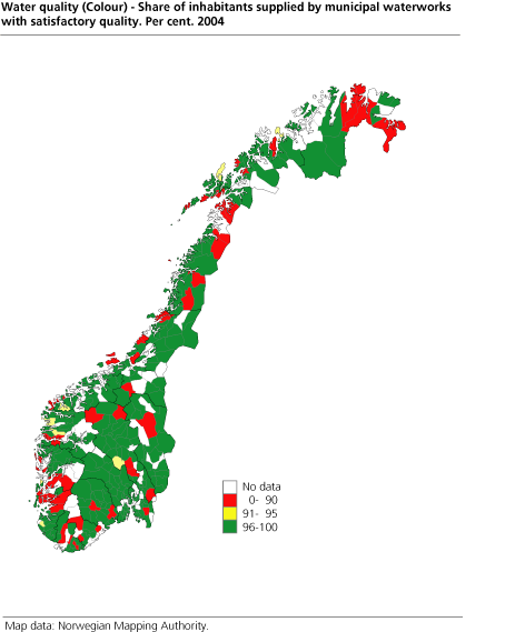 Water quality (Colour) - Share of inhabitants supplied by municipal waterworks with satisfactory quality. Per cent. 2004
