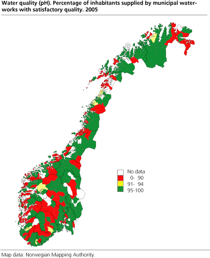 Water quality (pH) - Share of inhabitants supplied by municipal waterworks with satisfactory quality. Per cent. 2005