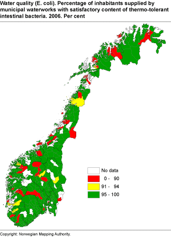 Water quality (E. coli) - Share of inhabitants supplied by municipal waterworks with satisfactory content of thermo-tolerant intestinal bacteria. Per cent. 2006