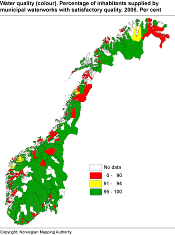 Water quality (Colour) - Share of inhabitants supplied by municipal waterworks with satisfactory quality. Per cent. 2006