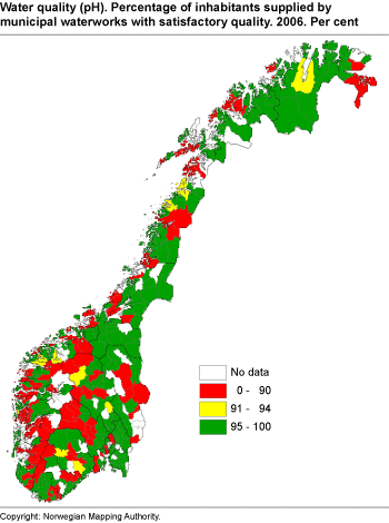 Water quality (pH) - Share of inhabitants supplied by municipal waterworks with satisfactory quality. Per cent. 2006