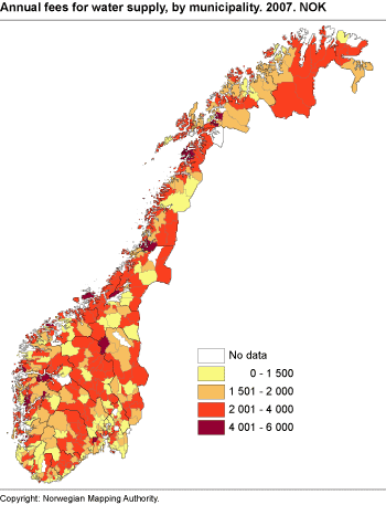 Annual fees for water supply, by municipality. NOK. 2007
