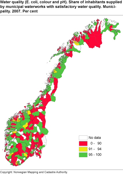 Water quality (E. coli, colour and pH) - Share of inhabitants supplied by municipal waterworks with satisfactory water quality. Municipality. Per cent. 2007