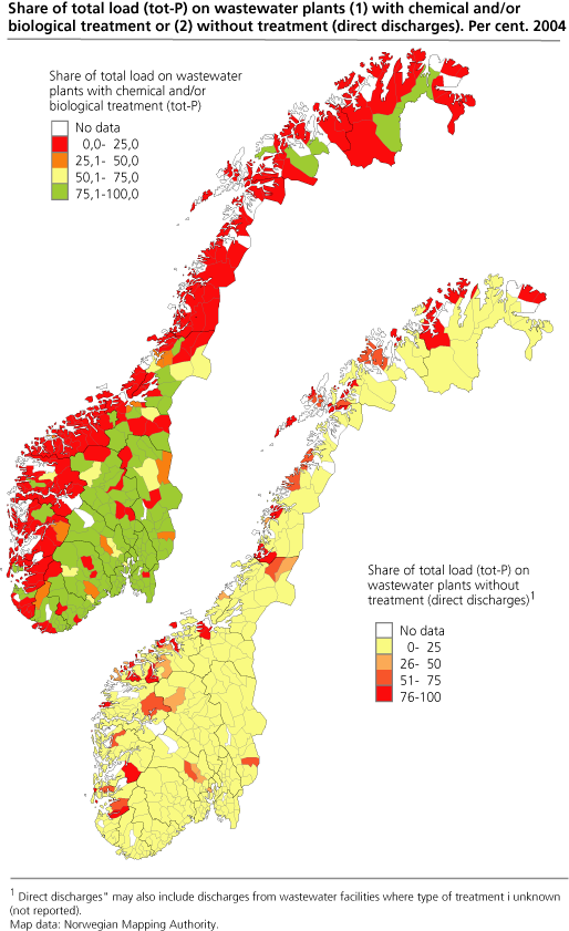 Share of total load on wastewater plants with chemical and/or biological treatment (tot-P). 2004