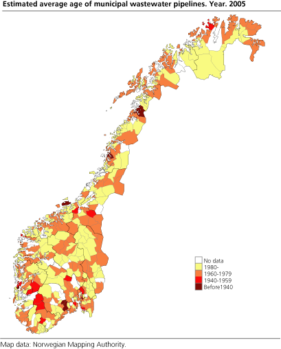 Estimated average age of municipal wastewater pipelines. Year. 2005