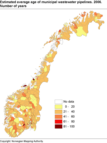 Estimated average age of municipal wastewater pipelines. Number of years. 2006