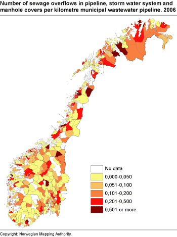 Number of sewage overflows in pipeline, storm water system and manhole covers per kilometre municipal wastewater pipeline. 2006