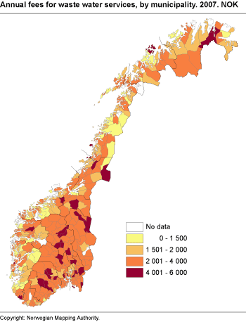 Annual fees for waste water services, by municipality. 2007. NOK