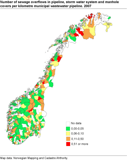 Number of sewage overflows in pipeline, storm water system and manhole covers per kilometre municipal wastewater pipeline. 2007