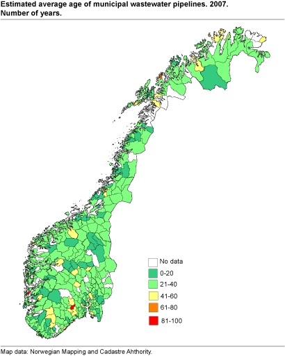 Estimated average age of municipal wastewater pipelines. Number of years. 2007