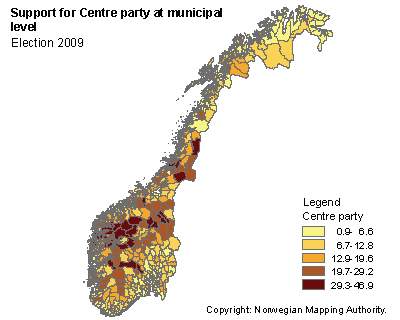 Support for Centre party at municipal level