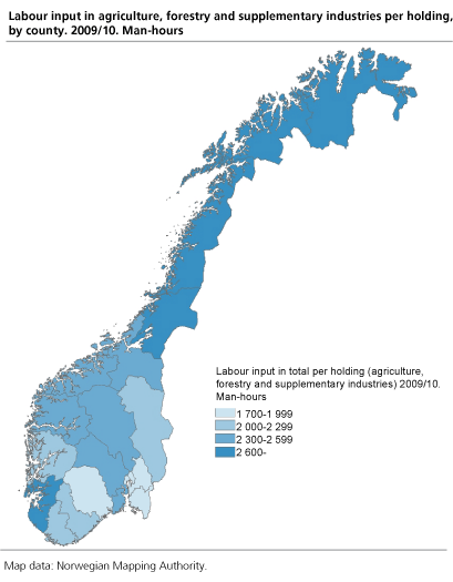 Labour input in agriculture, forestry and supplementary industries per holding, by county. 2009/10. Man-hours