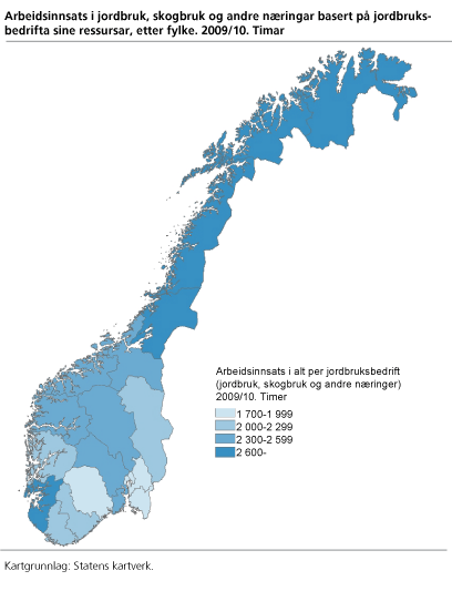 Arbeidsinnsats i jordbruk, skogbruk og andre næringar basert på jordbruksbedrifta sine ressursar, etter fylke. 2009/2010. Timer