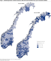 Befolkningsveksten i landets kommuner 2002-2010 med henholdsvis hy og lav innenlands mobilitet