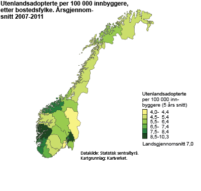 Utenlandsadopterte per 100 000 innbyggere, etter bostedsfylke. Årsgjennomsnitt 2007-2011 
