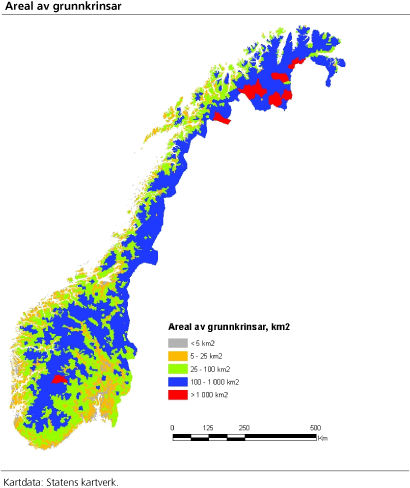 Areal av grunnkrinsar etter storleik