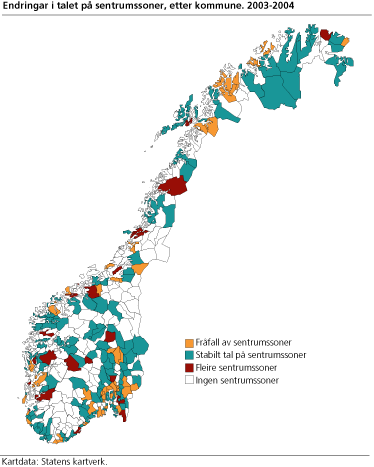 Endringar i talet på sentrumssoner, etter kommune. 2003-2004