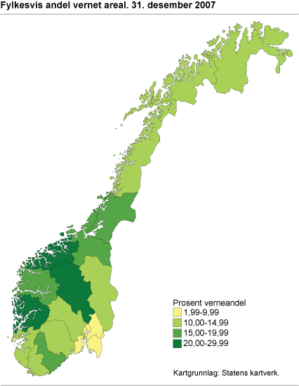 Fylkesvis andel vernet areal. 31. desember 2007