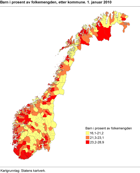 Barn i prosent av folketallet, etter kommune. 1. januar 2010 