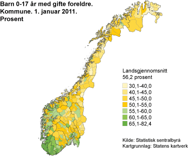 Barn 0-17 med gifte foreldre. Kommune. 1. januar 2011. Prosent