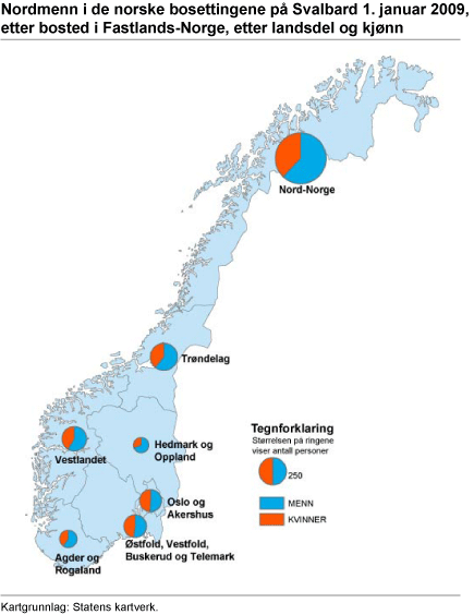 Nordmenn i de norske bosettingene på Svalbard 1. januar 2009, etter bosted i Fastlands-Norge, landsdel og kjønn