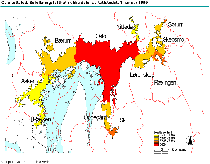 Oslo tettsted. Befolkningstetthet i ulike deler av tettstedet. 1. januar 1999. 