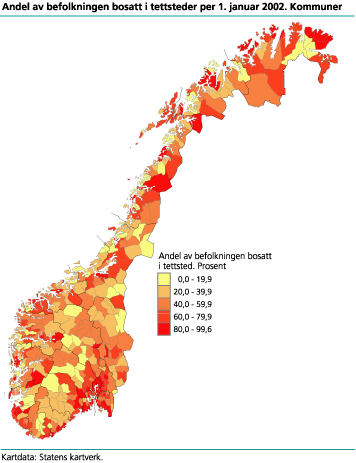 Andel av befolkningen bosatt i tettsteder per 1. januar 2002. Kommuner