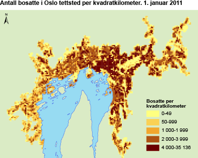 Antall bosatte i Oslo tettsted per kvadratkilometer. 1. januar 2011