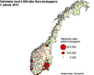 Tettsteder med 5 000 eller flere innbyggere. 1. januar 2012