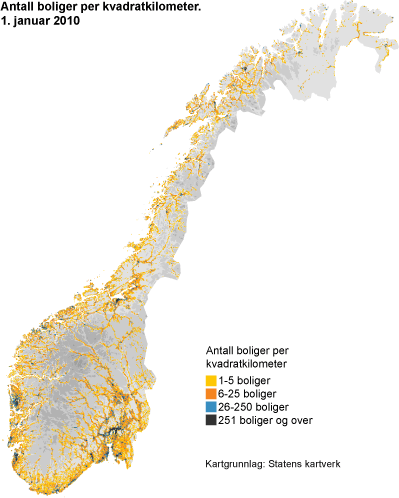Antall boliger per kvadratkilometer. 1. januar 2010 