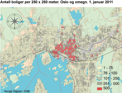 Antall boliger per 250 x 250 meter. Oslo og omegn. 1. januar 2011
