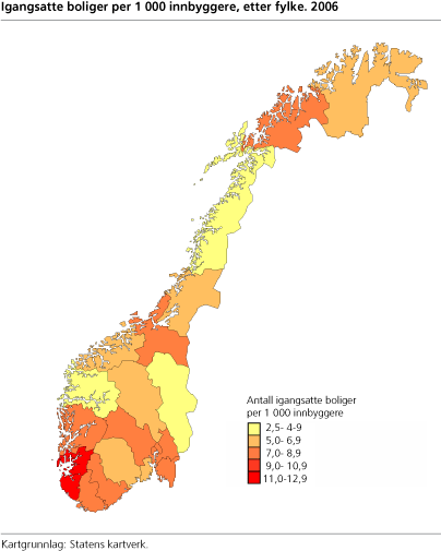 Igangsatte boliger per 1 000 innbyggere, etter fylke. 2006