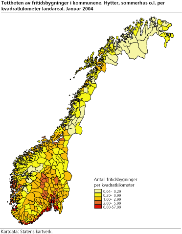 Tettheten av fritidsbygninger i kommunene. Hytter, sommerhus o.l. per kvadratkilometer landareal. Januar 2004