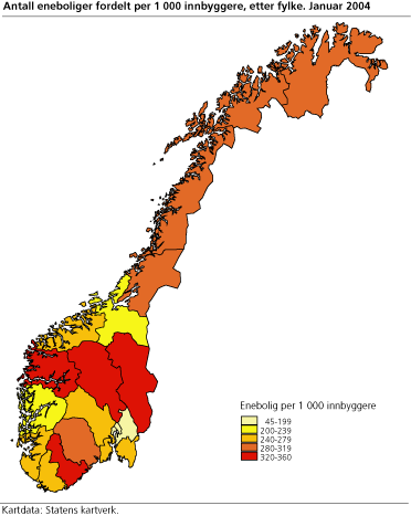 Antall eneboliger fordelt per 1 000 innbyggere, etter fylke. Januar 2004