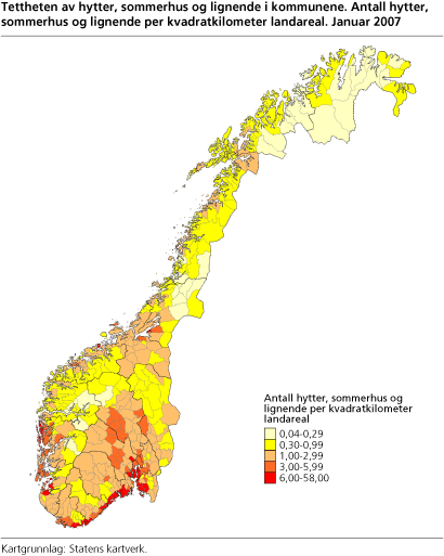 Tettheten av hytter, sommerhus o.l. i kommunene. Antall hytter, sommerhus o.l. per kvadratmeter landareal. Januar 2007