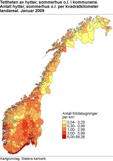 Tettheten av hytter, sommerhus o.l. i kommunene. Antall hytter, sommerhus o.l. per kvadratkilometer landareal. Januar 2009