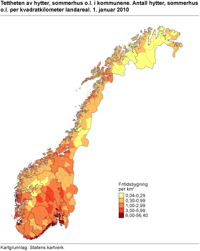 Tettheten av hytter, sommerhus o.l. i kommunene. Antall hytter, sommerhus o.l. per kvadratkilometer landareal. 1. januar 2010