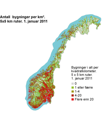 Antall bygninger per km2. 5x5 km-ruter. 1. januar 2011