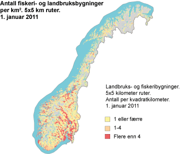 Antall fiskeri- og landbruksbygninger per km2. 5x5 km-ruter. 1. januar 2011