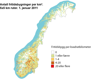 Antall fritidsbygninger per km2. 5x5 km-ruter. 1. januar 2011