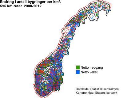 Endring i antall bygninger per km2. 5x5 km ruter. 2008-2012