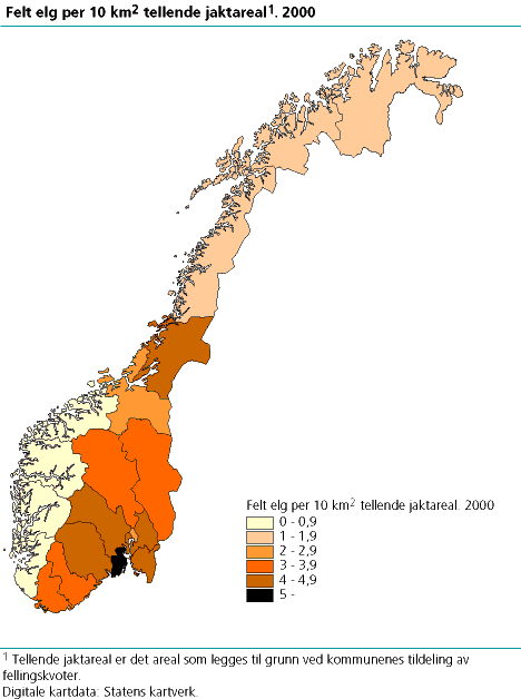  Felt elg per 10 km2 tellende jaktareal. 2000