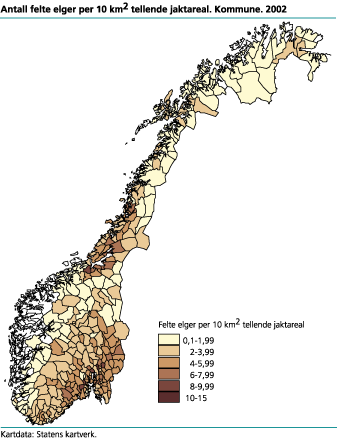 Antall felte elger per 10 km2 tellende jaktareal. Kommune. 2002