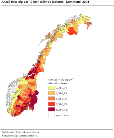 Antall felte elg per 10 km2 tellende jaktareal. Kommune. 2004