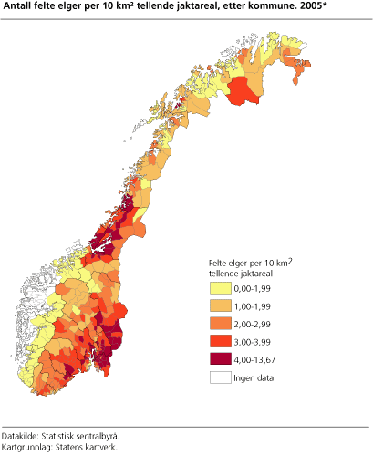 Antall felte elger per 10 km2 tellende jaktareal, etter kommune. 2005