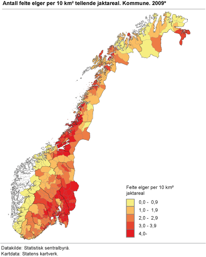 Antall felte elger per 10 km² tellende jaktareal. Kommune. 2009*