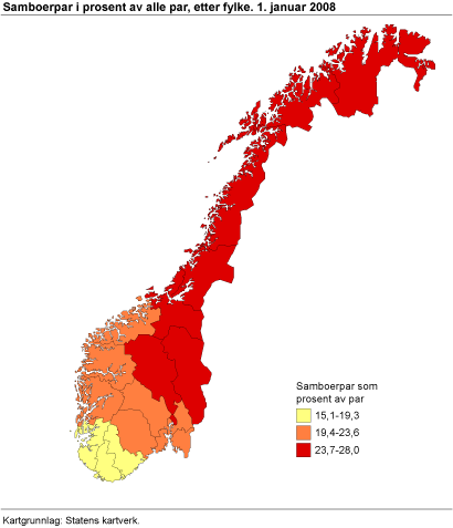 Samboerpar i prosent av alle par, etter fylke. 1. januar 2008